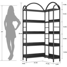 VOGREX Arched Corner Bookshelf Wood & Metal Bookcase for Home in Black - thumbnail 2