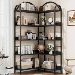 VOGREX Arched Corner Bookshelf Wood & Metal Bookcase for Home in Black - thumbnail 1