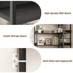 VOGREX Arched Corner Bookshelf Wood & Metal Bookcase for Home in Black - thumbnail 6