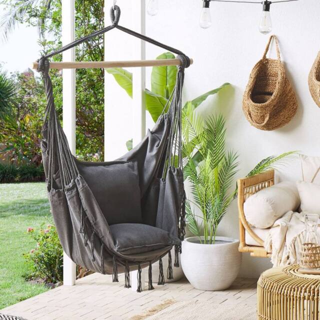 Wyld and Coco Hanging Hammock Chair Grey Cotton Woven Boho Tassel Armchair - image 1