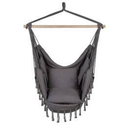 Wyld and Coco Hanging Hammock Chair Grey Cotton Woven Boho Tassel Armchair - thumbnail 4