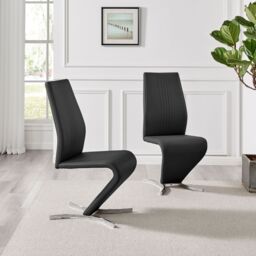 FurnitureboxUK Set of 2 Willow Contemporary Z Shaped Faux Leather Dining Chairs With Silver Chrome Metal Legs in Black - thumbnail 2
