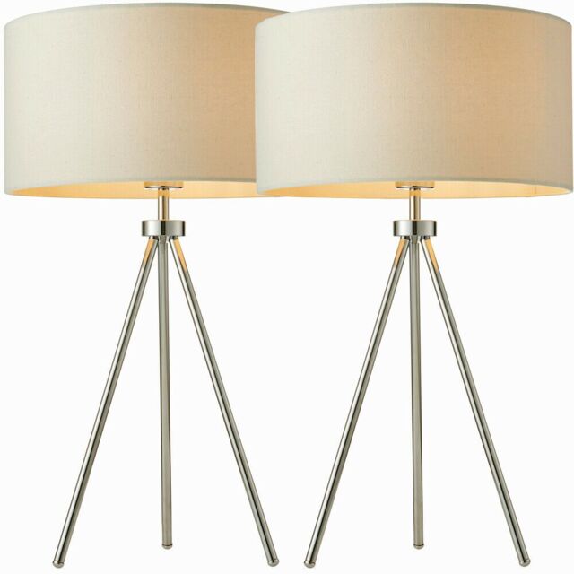 Loops 2 PACK Modern Tripod Table Lamp Chrome & Ivory Shade Slim Leg Bedside Desk Light - image 1
