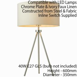 Loops 2 PACK Modern Tripod Table Lamp Chrome & Ivory Shade Slim Leg Bedside Desk Light - thumbnail 3