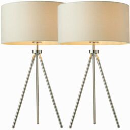 Loops 2 PACK Modern Tripod Table Lamp Chrome & Ivory Shade Slim Leg Bedside Desk Light - thumbnail 1