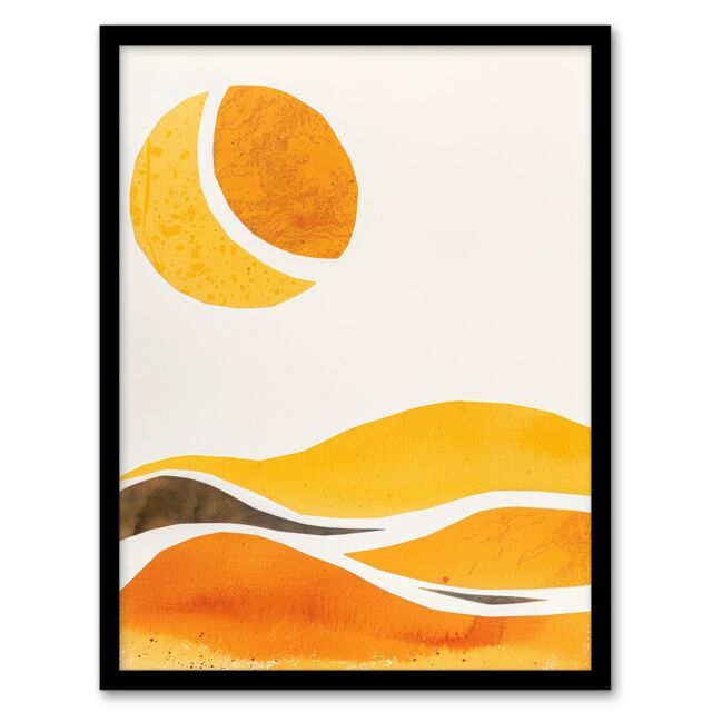 "Artery8 Abstract Orange Amber Landscape Hills & Sun Framed Wall Art in Mustard - Size: W12"" x H16""" - image 1