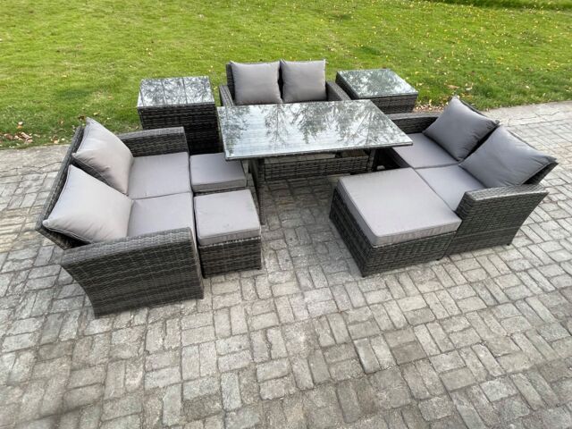 Fimous 9 Seater Wicker PE Rattan Garden Furniture Sets Outdoor Lounge Sofa Set with Oblong Dining Table Double Seat Sofa in Dark Grey - image 1
