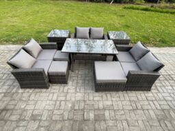 Fimous 9 Seater Wicker PE Rattan Garden Furniture Sets Outdoor Lounge Sofa Set with Oblong Dining Table Double Seat Sofa in Dark Grey - thumbnail 2
