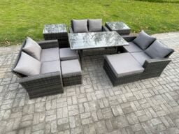 Fimous 9 Seater Wicker PE Rattan Garden Furniture Sets Outdoor Lounge Sofa Set with Oblong Dining Table Double Seat Sofa in Dark Grey - thumbnail 1