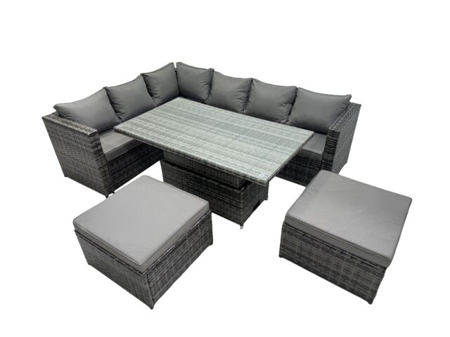 Fimous 8-seater Rattan Garden Furniture Dining Set with 2 Big Stool in Dark Grey - image 1