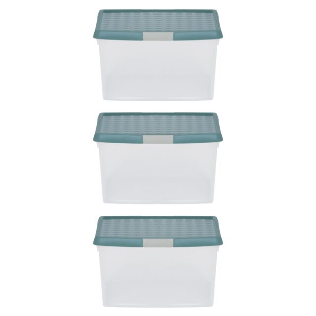 Wham Clip 3x 25.5L Square Plastic Storage Boxes with Clip Lock Lids in Green - image 1