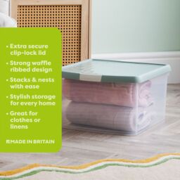 Wham Clip 3x 25.5L Square Plastic Storage Boxes with Clip Lock Lids in Green - thumbnail 2