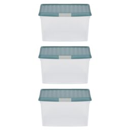 Wham Clip 3x 25.5L Square Plastic Storage Boxes with Clip Lock Lids in Green