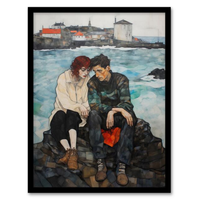 Wee Blue Coo Wall Art Print The Heart To Heart Egon Schiele Style Couple Sitting in Coastal Landscape Blue Grey Red Oil Painting Art Framed - Size: A4 - image 1