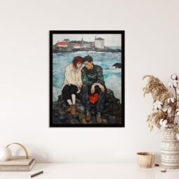 Wee Blue Coo Wall Art Print The Heart To Heart Egon Schiele Style Couple Sitting in Coastal Landscape Blue Grey Red Oil Painting Art Framed - Size: A4 - thumbnail 4