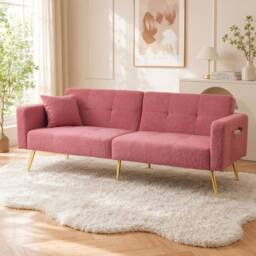 Merax 3 Seater Sherpa Sofa Bed with Adjustable Backrest in Pink - thumbnail 5