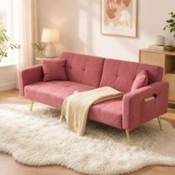 Merax 3 Seater Sherpa Sofa Bed with Adjustable Backrest in Pink - thumbnail 1