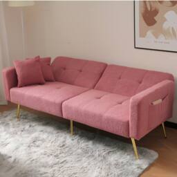 Merax 3 Seater Sherpa Sofa Bed with Adjustable Backrest in Pink - thumbnail 6