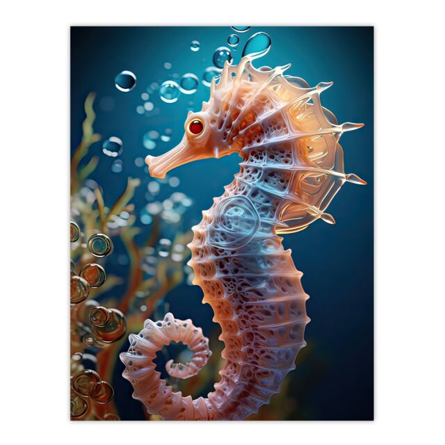 "Artery8 Wall Art Print Pink Seahorse Photorealistic Conceptual Painting Poster Picture in Blue - Size: W18"" x H24""" - image 1