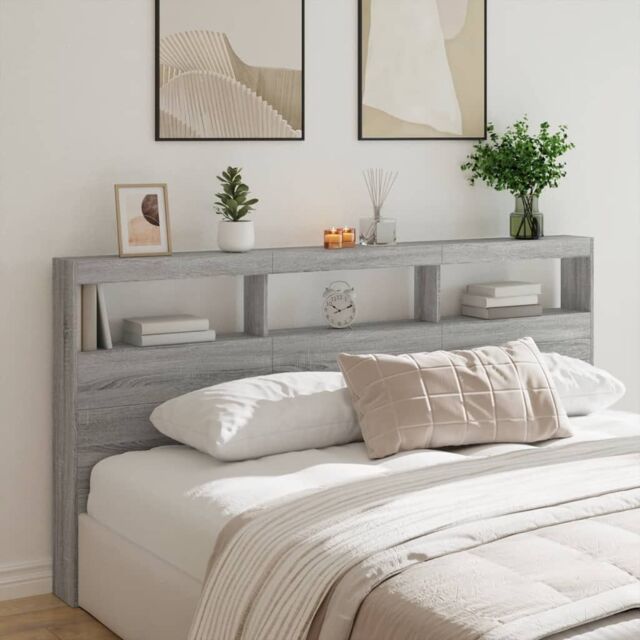 Berkfield Home Headboard Cabinet with LED Grey Sonoma 200x17x102 cm - Size: 200 x 17 x 102 cm - image 1