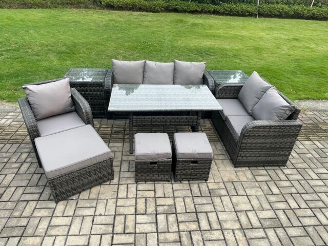 Fimous 9 Piece Garden Rattan Furniture Dining Table Sofa Set Indoor Outdoor with Reclining Chairs 2 Side Tables 3 Footstools Dark Grey Mixed - image 1