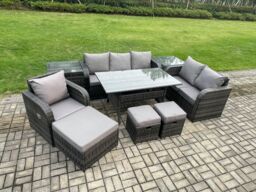 Fimous 9 Piece Garden Rattan Furniture Dining Table Sofa Set Indoor Outdoor with Reclining Chairs 2 Side Tables 3 Footstools Dark Grey Mixed - thumbnail 2