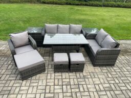 Fimous 9 Piece Garden Rattan Furniture Dining Table Sofa Set Indoor Outdoor with Reclining Chairs 2 Side Tables 3 Footstools Dark Grey Mixed - thumbnail 1