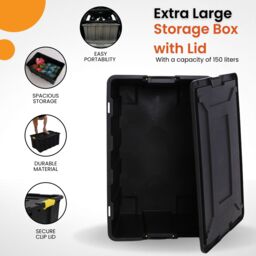 Novecrafto Large Plastic Storage Box with Lid - Heavy Duty Container 150L Capacity 92 x 58 x 42cm in Black - thumbnail 3