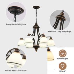 NIVOR Classic 6-Light Bell Pendant, Black Gold Frosted Glass Chandelier E27 - thumbnail 9