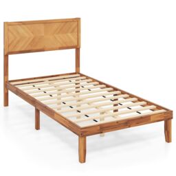 Costway Single Size Bed Frame Acacia Wood Platform Bed w/Headboard in Natural - thumbnail 1