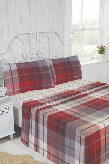 Rapport Home Lomond Brushed Cotton Check Luxury Flannelette Complete Sheet Set in Red - Size: King - image 1
