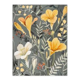 "Artery8 Dark Freesia Flowers Painting Wildflowers Bloom Wall Art Print in Yellow - Size: W24"" x H32""" - thumbnail 1
