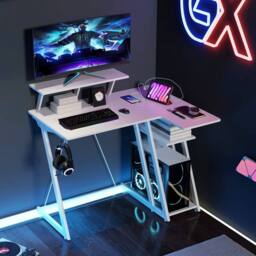 Costway L-Shaped Gaming Desk Small Computer Desk w/ Monitor Shelf & Outlets in White - thumbnail 4