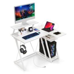 Costway L-Shaped Gaming Desk Small Computer Desk w/ Monitor Shelf & Outlets in White - thumbnail 1