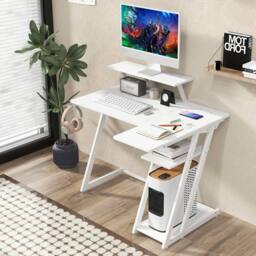 Costway L-Shaped Gaming Desk Small Computer Desk w/ Monitor Shelf & Outlets in White - thumbnail 3