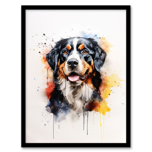 "Artery8 Wall Art Print Bernese Mountain Lovers Gift Watercolour Pet Portrait Painting Artwork Art Framed - Size: W12"" x H16""" - image 1
