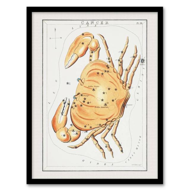 Artery8 Vintage Cancer Constellation Illustration Hall Framed Wall Art Print in White - Size: A4 - image 1
