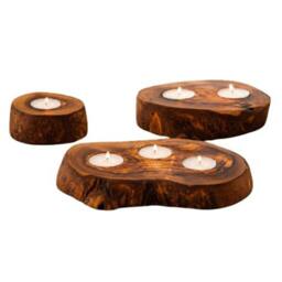 Verano Spanish Ceramics Olive Wood Set of 3 Rustic Tea Light Holders (D) 9cm, 14cm & 20cm in Natural - thumbnail 1