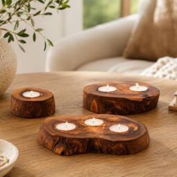 Verano Spanish Ceramics Olive Wood Set of 3 Rustic Tea Light Holders (D) 9cm, 14cm & 20cm in Natural - thumbnail 7