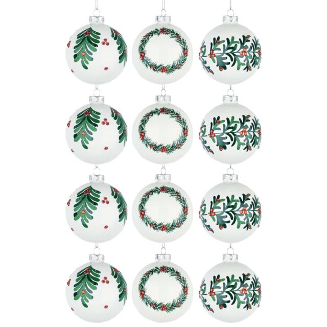Shatchi Christmas Glass Baubles 12pcs Set - 8cm White Ornaments with 3 Elegant Assorted Designs - image 1