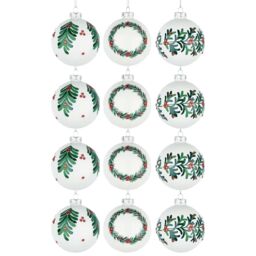 Shatchi Christmas Glass Baubles 12pcs Set - 8cm White Ornaments with 3 Elegant Assorted Designs