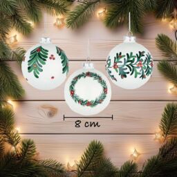 Shatchi Christmas Glass Baubles 12pcs Set - 8cm White Ornaments with 3 Elegant Assorted Designs - thumbnail 2