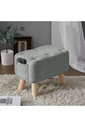 Living and Home Grey Linen Fabric Footstool Pouffe Ottoman with Pocket - thumbnail 2