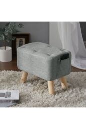 Living and Home Grey Linen Fabric Footstool Pouffe Ottoman with Pocket - thumbnail 1