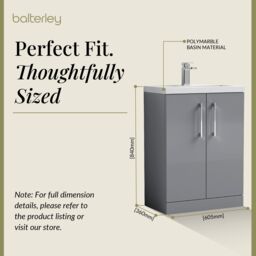 Balterley Bathroom Vanity Basin Unit, Chrome Handles, 600mm, Satin Grey - thumbnail 5