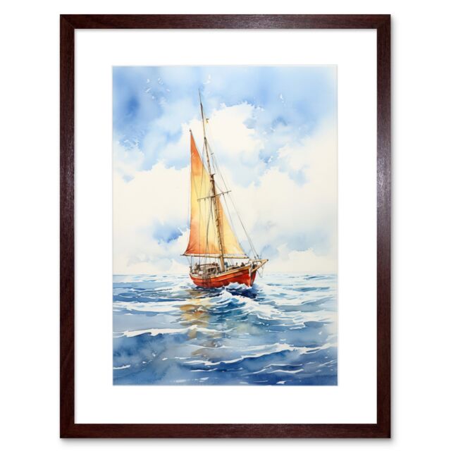 "Artery8 Wall Art Print Orange Sailing Boat Watercolour Painting Bathroom Artwork Sail at Sea Seascape Artwork Framed 9X7 Inch - Size: W7"" x H9""" - image 1