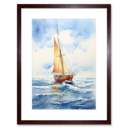 "Artery8 Wall Art Print Orange Sailing Boat Watercolour Painting Bathroom Artwork Sail at Sea Seascape Artwork Framed 9X7 Inch - Size: W7"" x H9""" - thumbnail 1