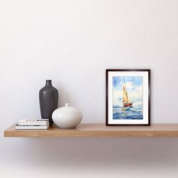 "Artery8 Wall Art Print Orange Sailing Boat Watercolour Painting Bathroom Artwork Sail at Sea Seascape Artwork Framed 9X7 Inch - Size: W7"" x H9""" - thumbnail 2