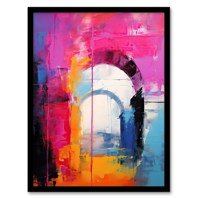 Artery8 Wall Art Print Abstract Arches Vibrant Purple Orange Blue Architecture Framed Art in Pink - Size: A4 - image 1