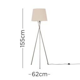 ValueLights Camden Brushed Chrome Tripod Floor Lamp with Beige Tapered Lamp Shade - thumbnail 8